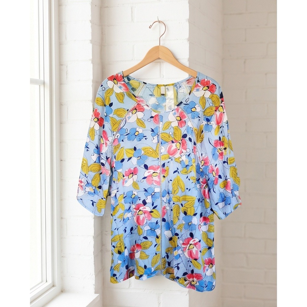 Anne Cole Women M Blue Floral Rayon Botanical Flowy Tunic Top‎ Lace Trim NWT